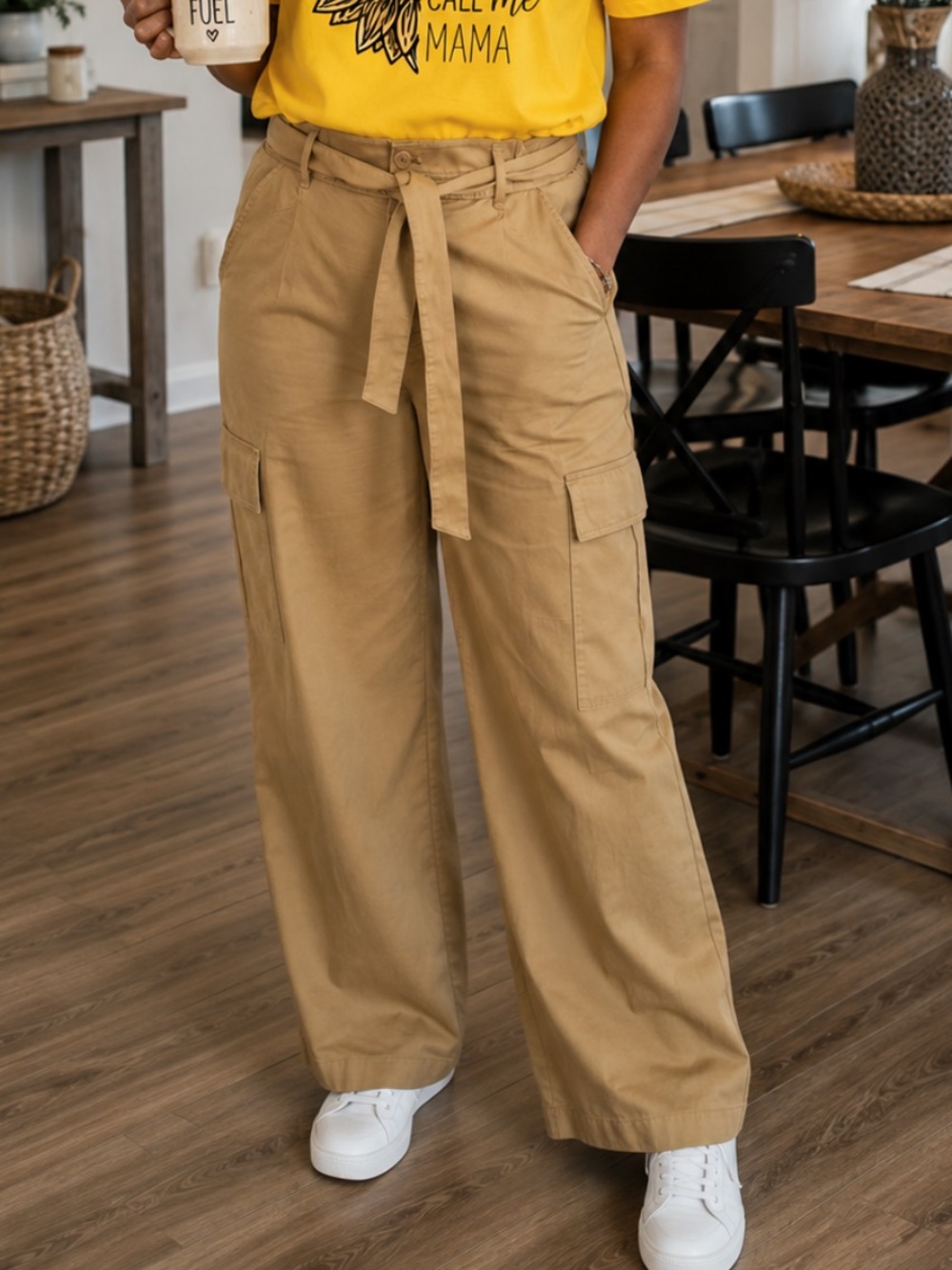 High Waist Cargo Pants with Belt - Tan